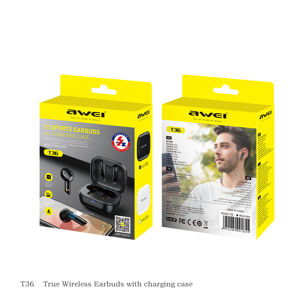 AWEI T36 TWS Bluetooth 5.0 hovedtelefon trådløs sport vandtæt touch stereo headset med mikrofon AWEI T36 TWS Bluetooth 5.0 hovedtelefon trådløs sport vandtæt touch stereo headset med mikrofon